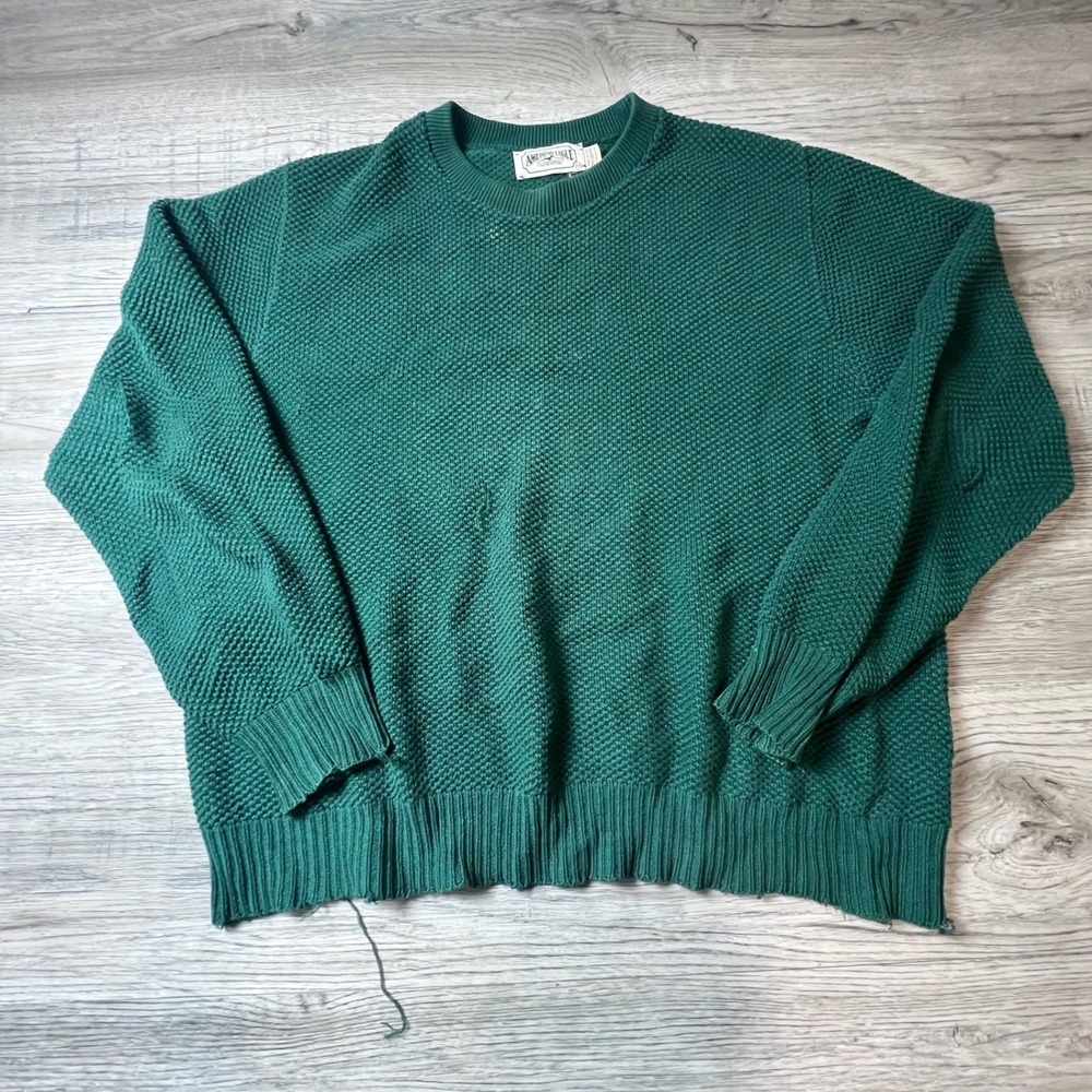 American Eagle Sweater Mens M Green Vintage‎ 90s Distressed Cotton Waffle Knit